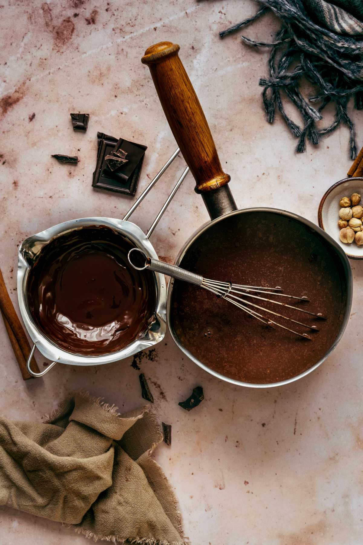 small saucepan with melted dark chocolate