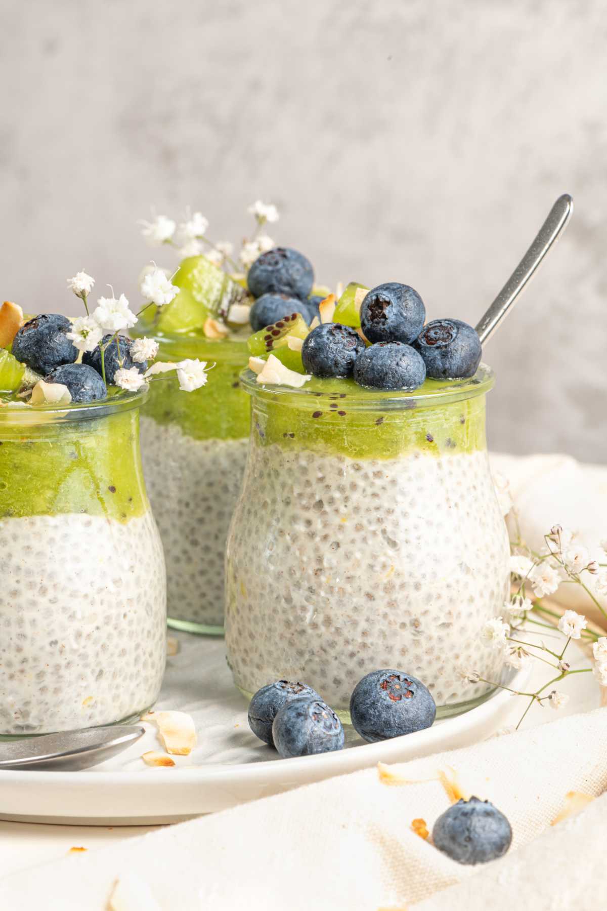 three servings of healthy chia pudding with fruit