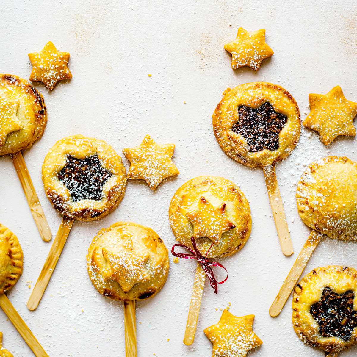 decorated vegan mince pie pops on table