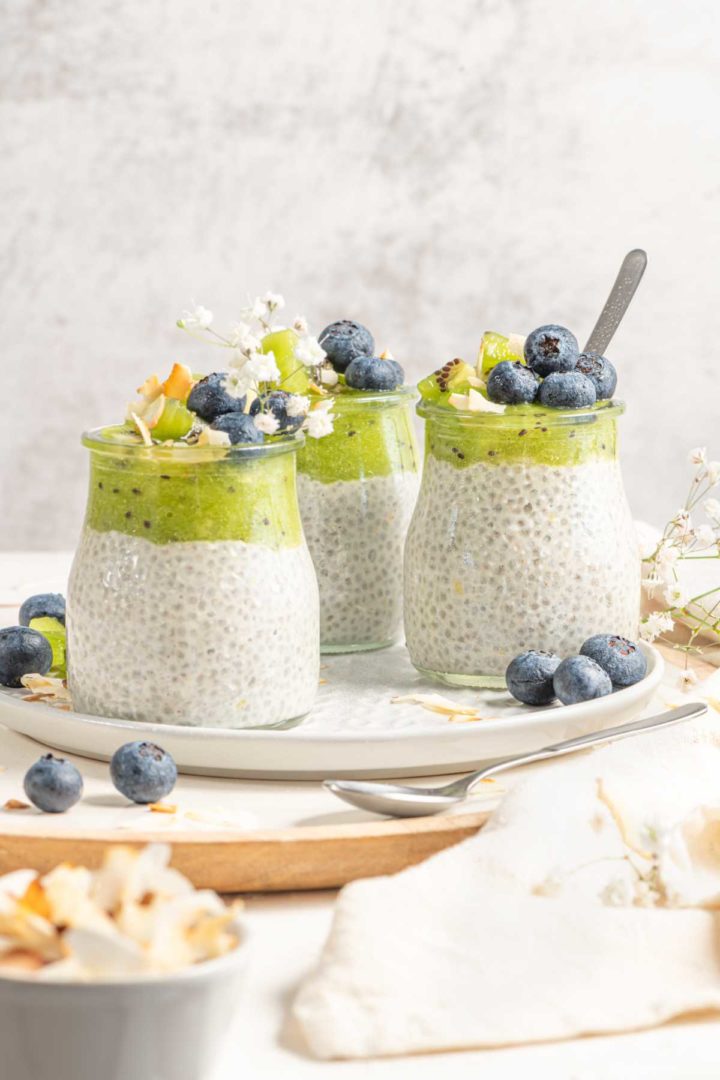 breakfast chia pudding with kiwi and blueberries
